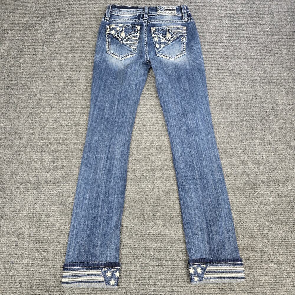 Miss Me Jeans Womens 25 Tall Mid Rise Straight Blue American Flag Stars Cuff - Picture 2 of 9